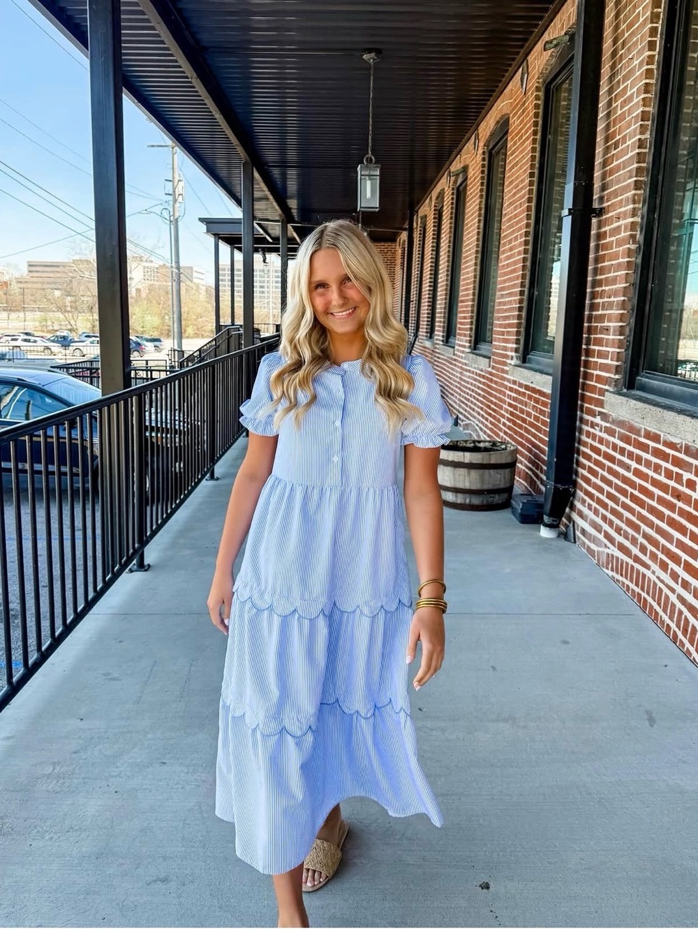 Simply Southern Blue & White Pinstripe Tiered Scallop Midi Dress with Bow Detail - Picture 3 of 4